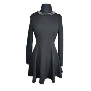 Guess Long Sleeve Mini Dress Flare Skater Silhouette Black Embellished Neck Sz S